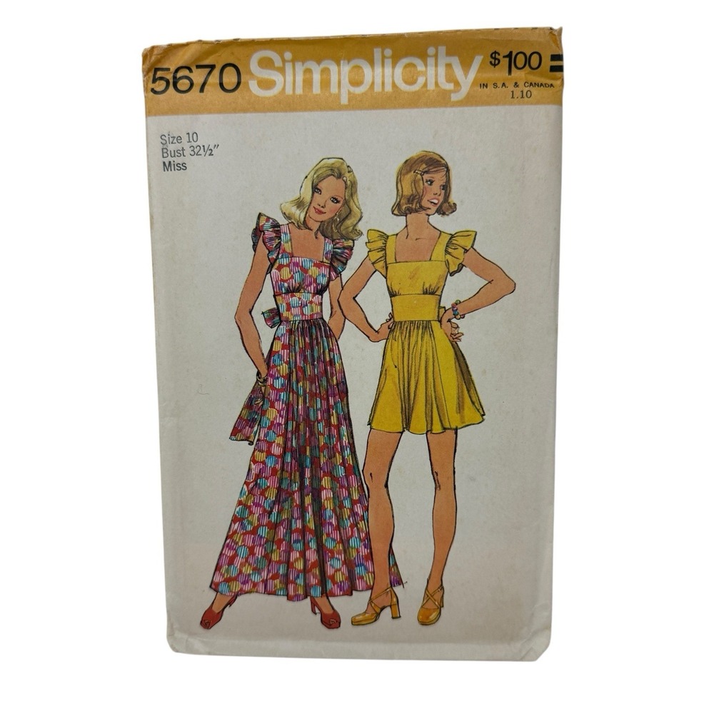 Rare Vintage 1970s Simplicity 5670 Mini Maxi Ruffle Sleeve Dress Size 10‎  UNCUT